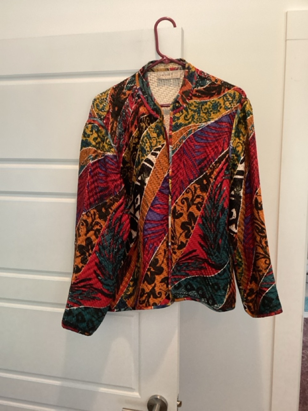 Chico's Multicolor Silk-Trim Woven Top with Red and Teal Accents